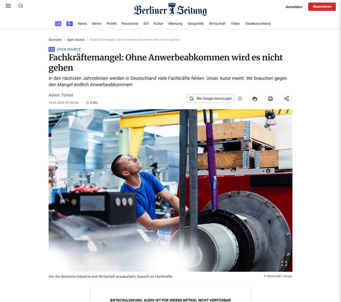 Berliner Zeitung: Fachkräftemangel — Ohne Anwerbeabkommen wird es nicht gehen.